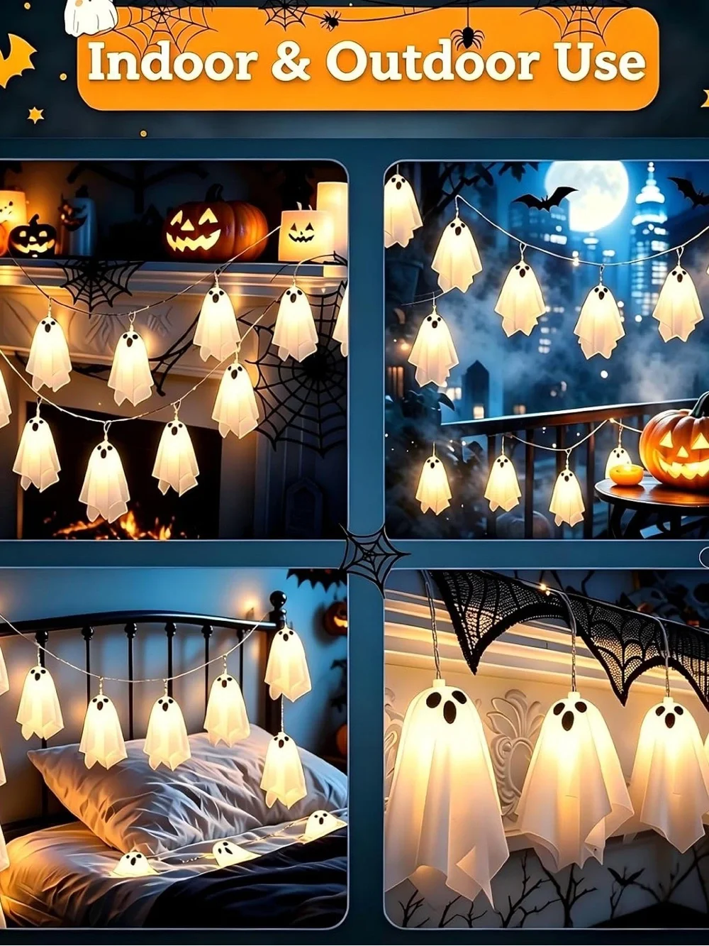 LED Solar Ghost String Lights - White Halloween Hanging Decor